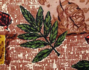Tessuto corteccia stampato a mano della metà del secolo - terreno punteggiato marrone e crema con foglie giallo senape verde arancione - nome del modello Natural Relics