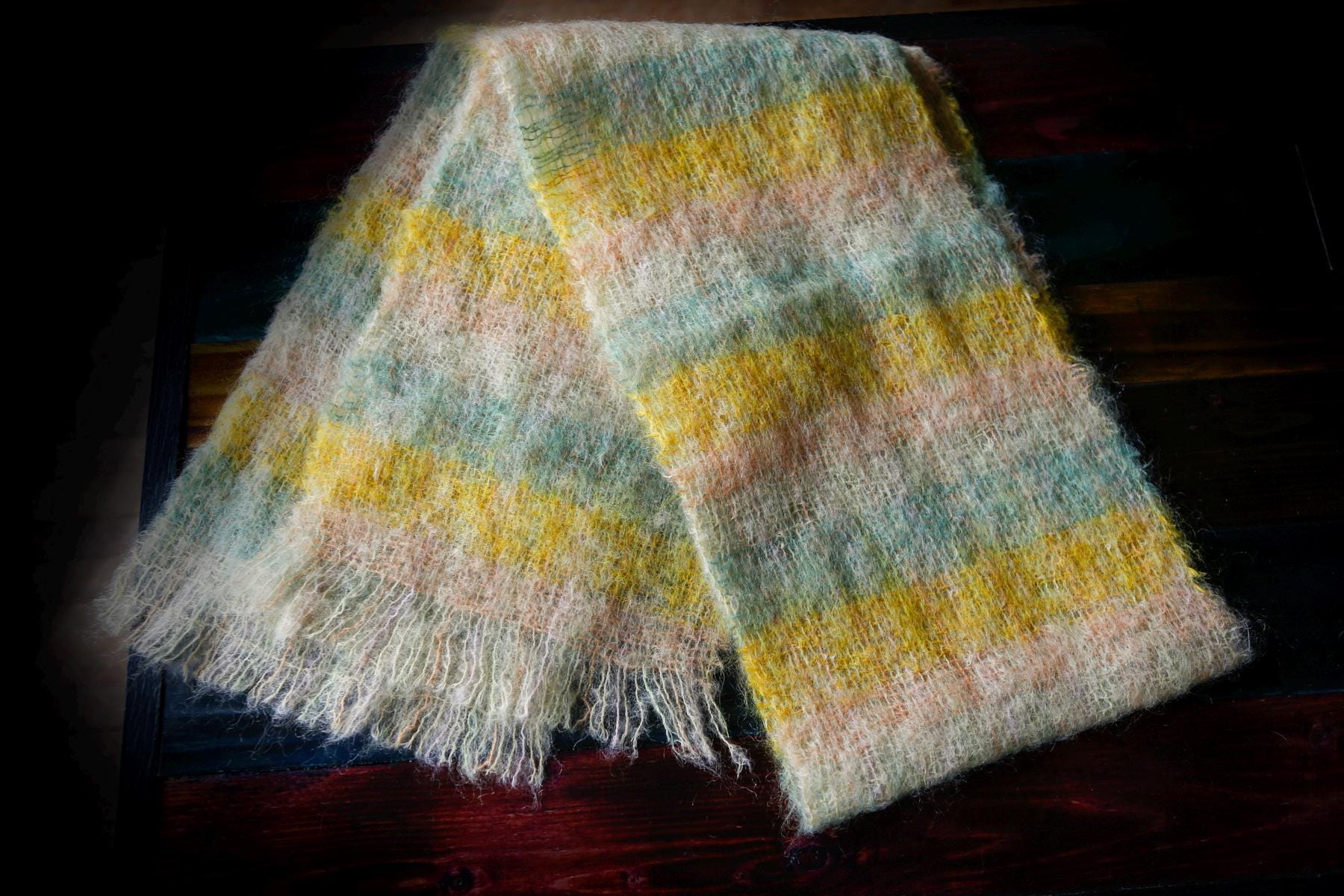 Vintage Mohair Wool Scottish Scarf Pink, Blue, Cream, Yellow 