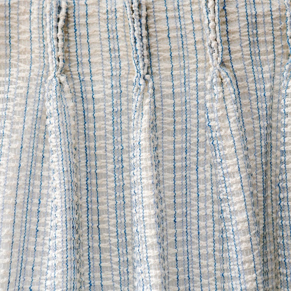 Vintage 70's JCPenney textured woven off-white light blue striped open weave curtains