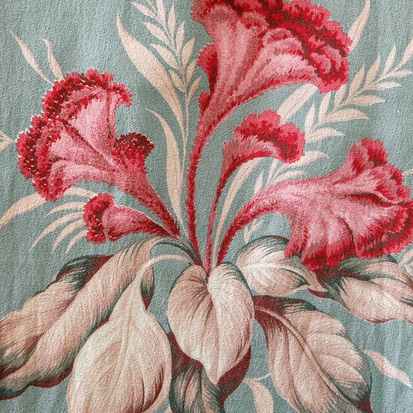 Turqoise light blue with pink and cream tropical flowers on vintage 50's barkcloth