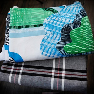 Medium weight decor fabrics / IKEA 2014 Susana Hoikkala big clouds green royal blue black/ charcoal gray red white plaid checked striped