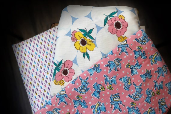 Vintage 50's spring summer cotton fabric pink w blue | Etsy