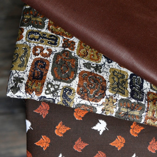 Brown fabrics vintage midcentury- solid polished cotton brown / hieroglyphic pattern/ orange white leaves