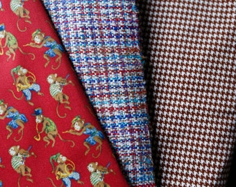 Vintage houndstooth fabrics P Kaufmann burgundy musical monkeys play instruments/brown white small corduroy/ multicolor woven houndstooth