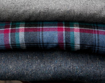 Vintage gray blue wool 3 pieces by the yard - gray nubby textured heavyweight/gray medium weight wool / blue gray purple green plaid wool