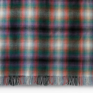 May include: A woven plaid throw blanket with a fringed edge in shades of black, red, green, blue, and white.
