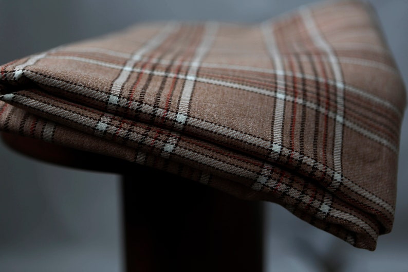 vintgae plaid wool w white and red Light brown beige wool fabric