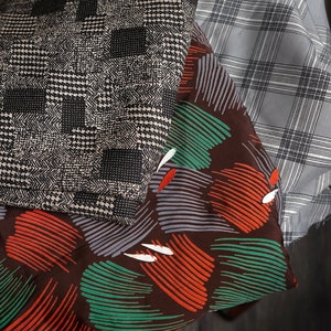 Vintage synthetic rayon poly lining dress fabrics - black white plaid coleur intnl/  brown orange green brush marks/ beige black patchwork