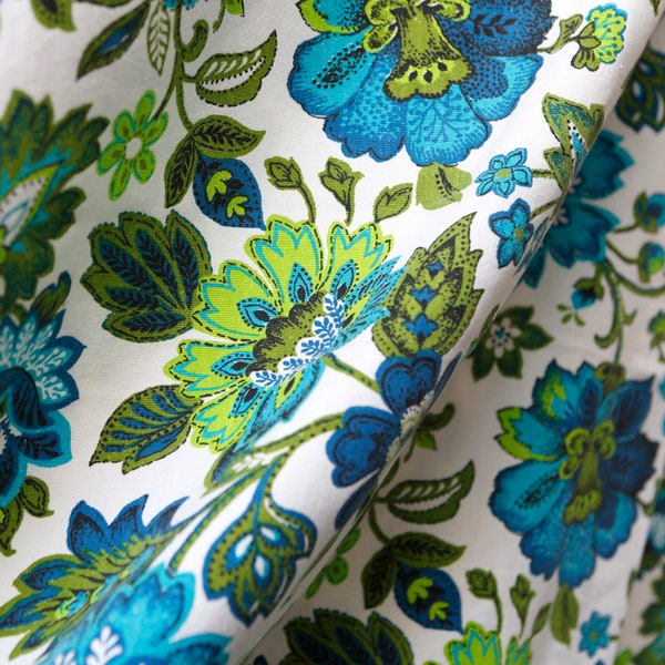 60's 70's floral fabric-white w turquoise blue and neon lime green flowers large floral pattern