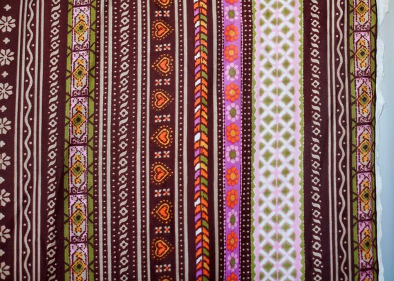Vintage "Couleur" 70's stretch polyester blend clothing/ apparel fabric brown neon pink purple with flower and paisley pattern