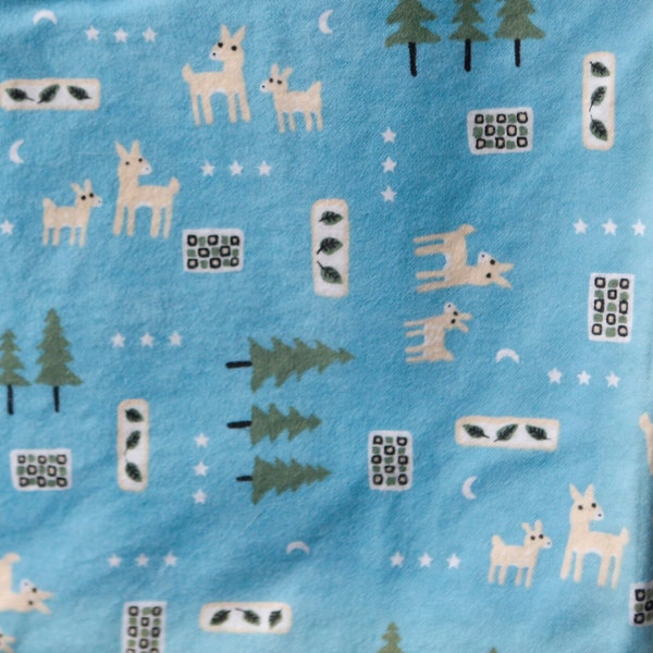 Vintage winter light blue flannel fabric w deer trees leaves stars moon 50's 60's