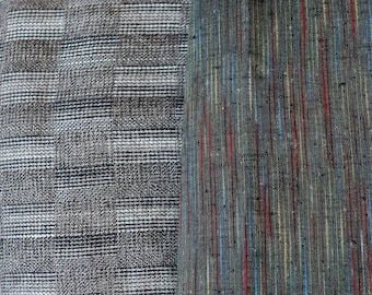 Textured woven vintage nubby cotton blend fabrics - black and white checked / beige nubby slubby w blue red threads