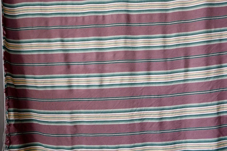 cotton poly blend vintage striped upholstery fabric Purple upholstery fabric w yellow green white stripes