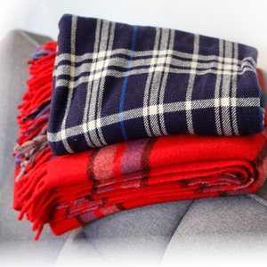 Vintage wool blanket and fabric -red plaid w fringe / blue plaid fabric for decor clothing