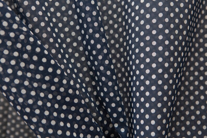 Vintage navy blue semi-sheer cotton with white polka dots clothing curtain cotton fabric
