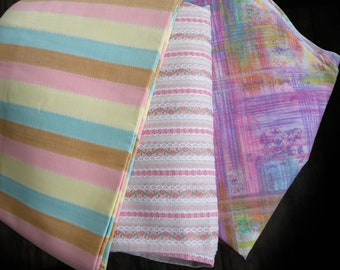 Vintage pastel color fabrics - sketchy criss-cross plaid squares / pastel yellow pink stripes/ white with pink stripes and floral eyelet