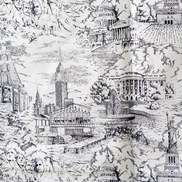 2 vintage toile fabrics Waverly black white Landmark Toile / Red cream country scene