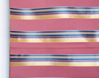 Vintage 40's pink ribbed fabric w yellow blue satin stripes shiny and matte finishes - striped upholstery fabric sample