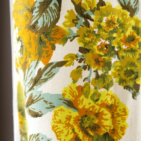 Yellow chartreuse green turquoise rust orange flowers on cream ground fabric 1960's vintage fabric floral flower clusters textured