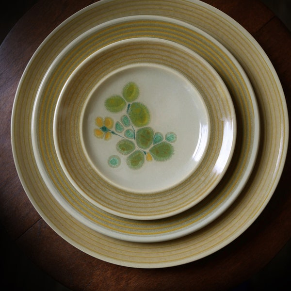 avocado green vintage pebble beach Franciscan dinnerware - dessert and soup bowls dinner salad plates - abstract pebble floral bottom