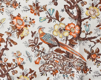 vintage 60's botanical/bird pattern fabric off-white w orange brown blue yellow trees flowers birds. Medium weight cotton decor/upholstery