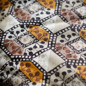 Vintage geometric octagon barkcloth fabric cream yellow chocolate brown white