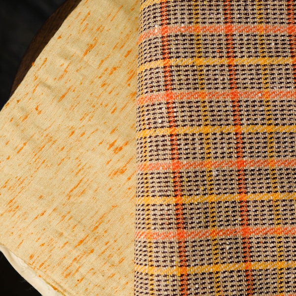 Vintage yellow orange textured nubby shantung and plaid wool