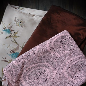 Vintage clothing/dress/lining fabric - shiny synthetic rust brown lining/taupe w turquoise flowers/pink w paisley