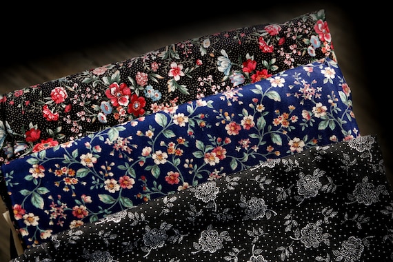 Lightweight quilting or clothing cotton - black with white flowers polka dots / Navy blue Joan Kessler floral fabric/black pink floral dots