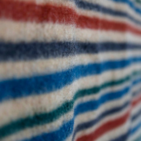 Stripped vintage very thick wool blanket beige with teal blue, green and burgundy red stripes