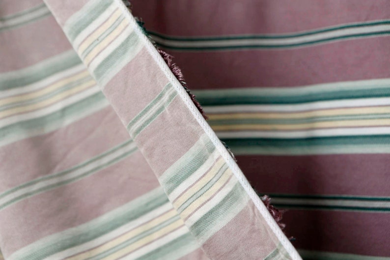 cotton poly blend vintage striped upholstery fabric Purple upholstery fabric w yellow green white stripes