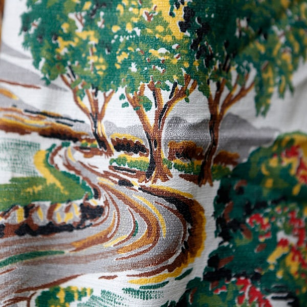 midcentury barkcloth panels trees and funky pattern midcentury curvy road - lightweight barkcloth