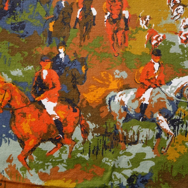 5th avenue design abstract watercolor horse riders equestrian dog fabric orange blue green midcentury