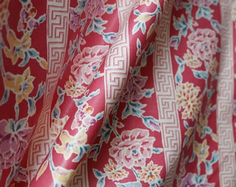 1988 Creation Marignan pink floral with pink asian maze like columns - vintage french polished cotton