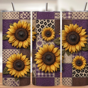 May include: A cylindrical tumbler with a straw featuring a patchwork design of purple and brown squares with various patterns including polka dots, leopard print, and floral textures, overlaid with large yellow sunflower illustrations.