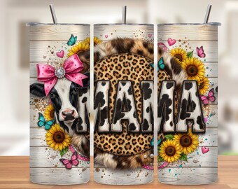 Diseño PNG de vaso rústico de madera Mama Cow, sublimación delgada Western Sunflower de 20 oz, diseño MAMA con lazo rosa y estampado de leopardo, sin costuras con maquetas.