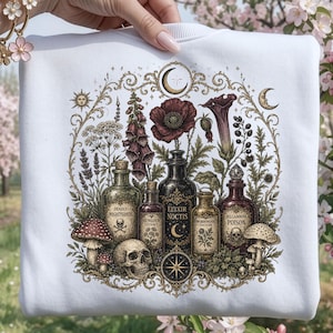 Witchy Apothecary Potion PNG, Vintage Botanical Halloween Shirt Design, Gothic Fall Sweatshirt Graphic