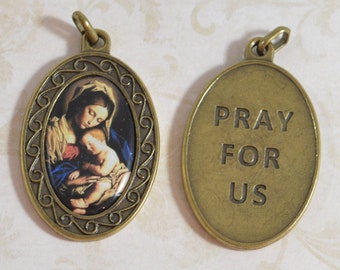 Virgin Mary with Baby Jesus Religious Medal Bronze Finish Full Color Madonna and Jesus Medal Larger Medal Christmas Religious Medal