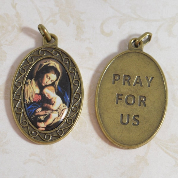 Virgin Mary with Baby Jesus Religious Medal Bronze Finish Full Color Madonna and Jesus Medal Larger Medal Christmas Religious Medal