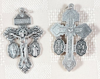 Three Way Pardon Indulgence Crucifix With St. Benedict and Miraculous Medals 2 1/8 inches Silver Finish