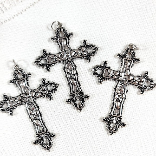 Large Floral Ornate Filigree Cross Pendant Big Gothic Look Cross Pendant Antique Silver