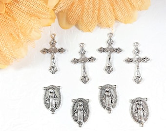 Rosary Centerpiece and Crucifix Lot of 4 Each Rosary Cross and Miraculous Medal Centerpiece Antique Silver