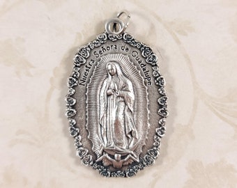 Our Lady of Guadalupe Divine Mercy Jesus Medal Pendant / Rose Flower Accented / 1.75 Inches / In Spanish