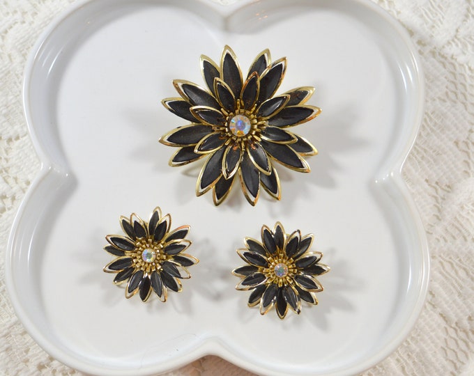 Vintage Black Flower Pin Brooch Clip Earring Set Aurora Etsy