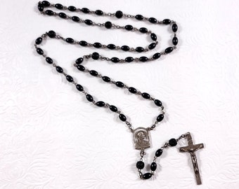 Vintage STERLING Black Plastic Bead Rosary / HVH Sterling Crucifix / Pius Sterling Centerpiece