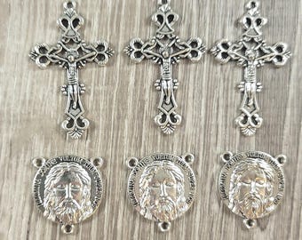Rosary Centerpiece and Crucifix Lot of 3 Each Filigree Rosary Cross and Jesus Christ Holy Face Centerpiece Silvertone