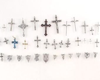 Religious Rosary Supply Lot / Pre-Owned Religious Supply Lot / 25 Assorted Crucifixes and 13 Assorted Rosary Centerpiece Medals