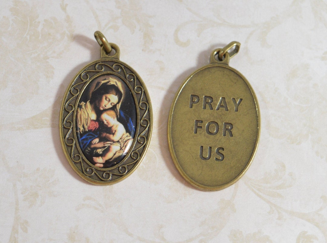 Virgin Mary With Baby Jesus Religious Medal Bronze Finish Full Color ...