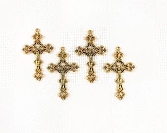 Rosary Crucifix Lot of 4 / Rosary Cross Antique Gold Finish / Rosary Supply