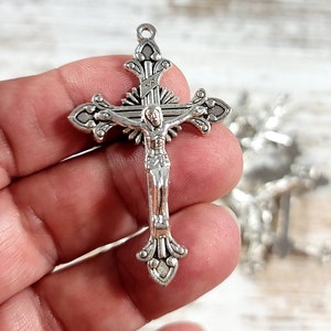 Rosary Cross LOT of 2 Antique Silver Sunburst Flared Style Crucifixes / 2 Inches